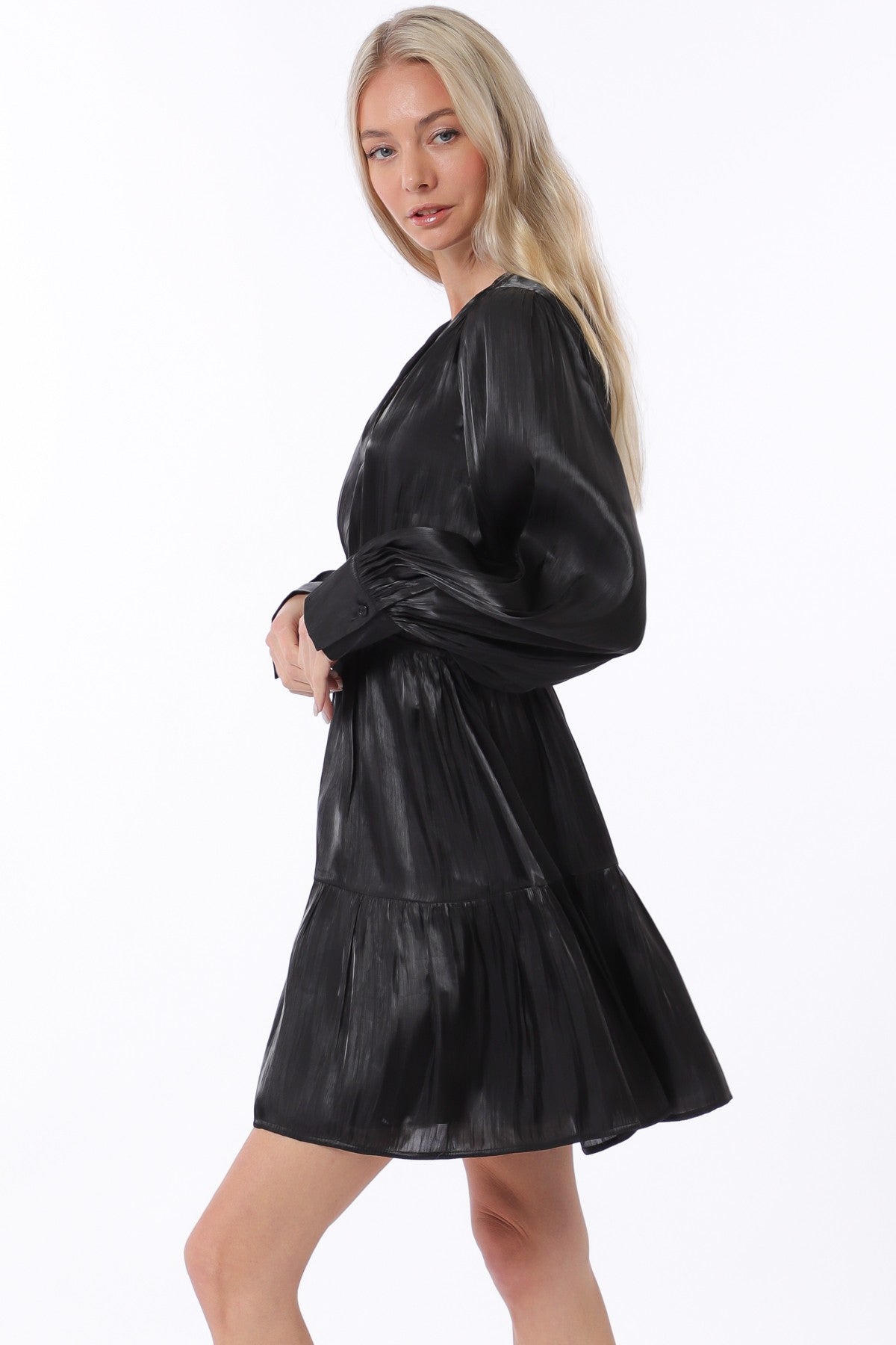 V-neck Button Down Long Sleeve Organza Tiered Mini