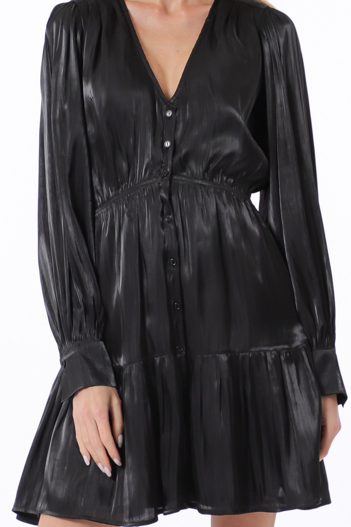 V-neck Button Down Long Sleeve Organza Tiered Mini
