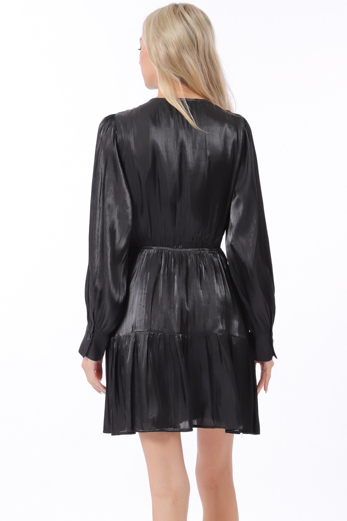 V-neck Button Down Long Sleeve Organza Tiered Mini