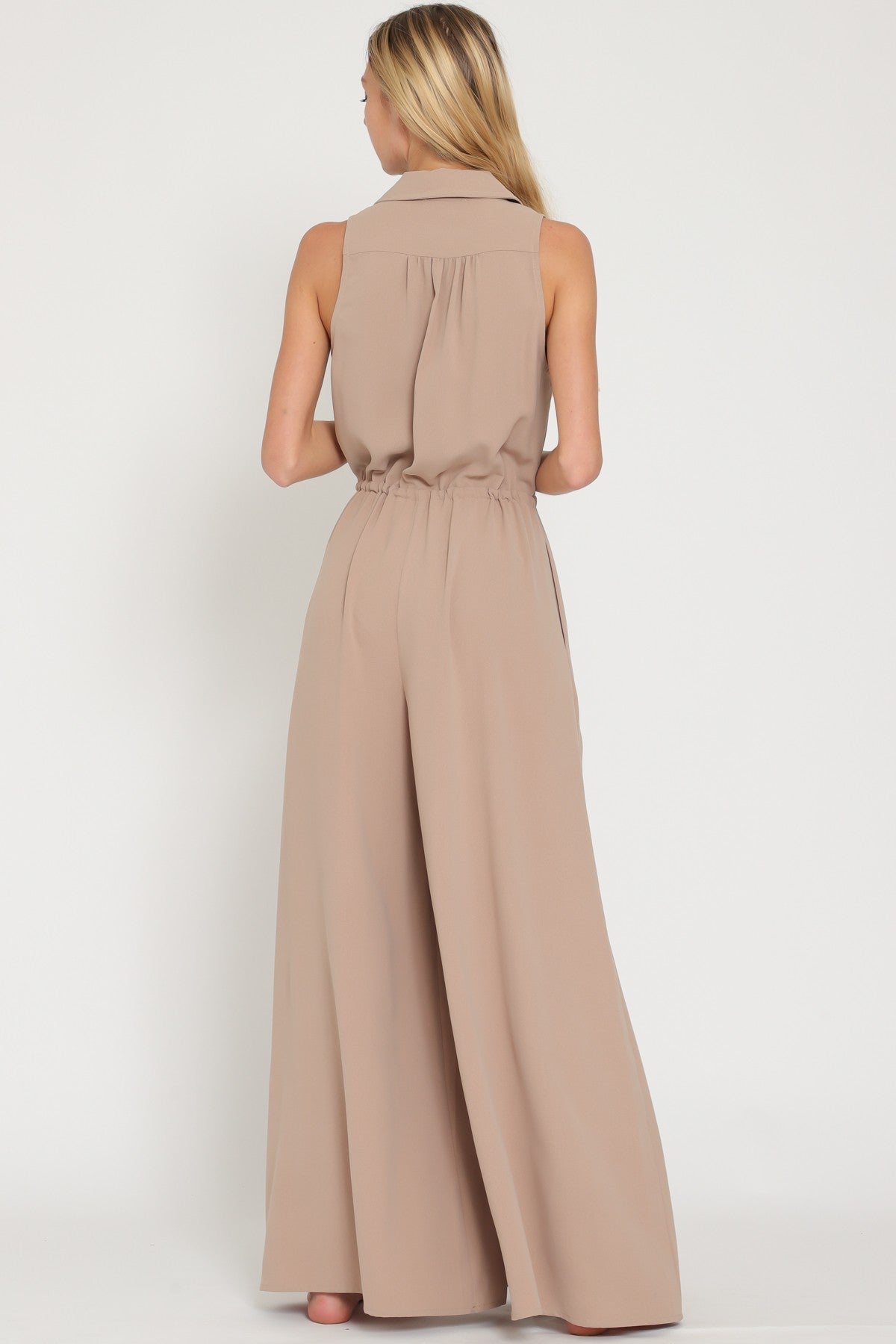 Sleeveless Button Down Tie Front Waisted Jumpsuit
