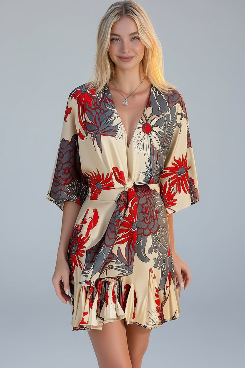 Kimono Sleeve Elastic Back Waisted Mini Dress