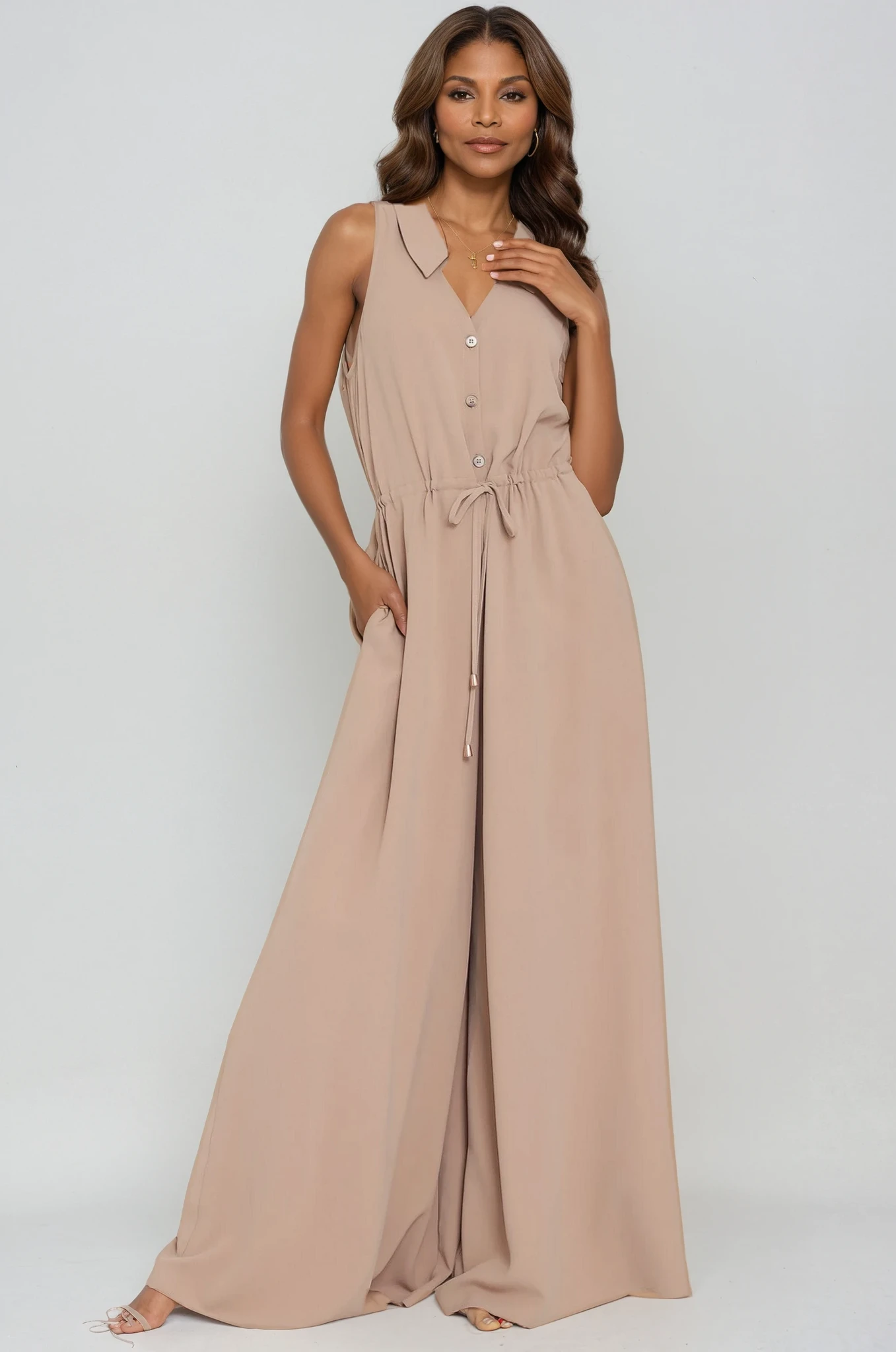 Sleeveless Button Down Tie Front Waisted Jumpsuit