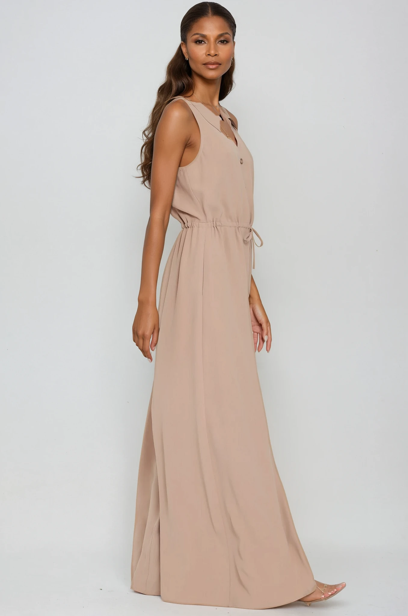 Sleeveless Button Down Tie Front Waisted Jumpsuit