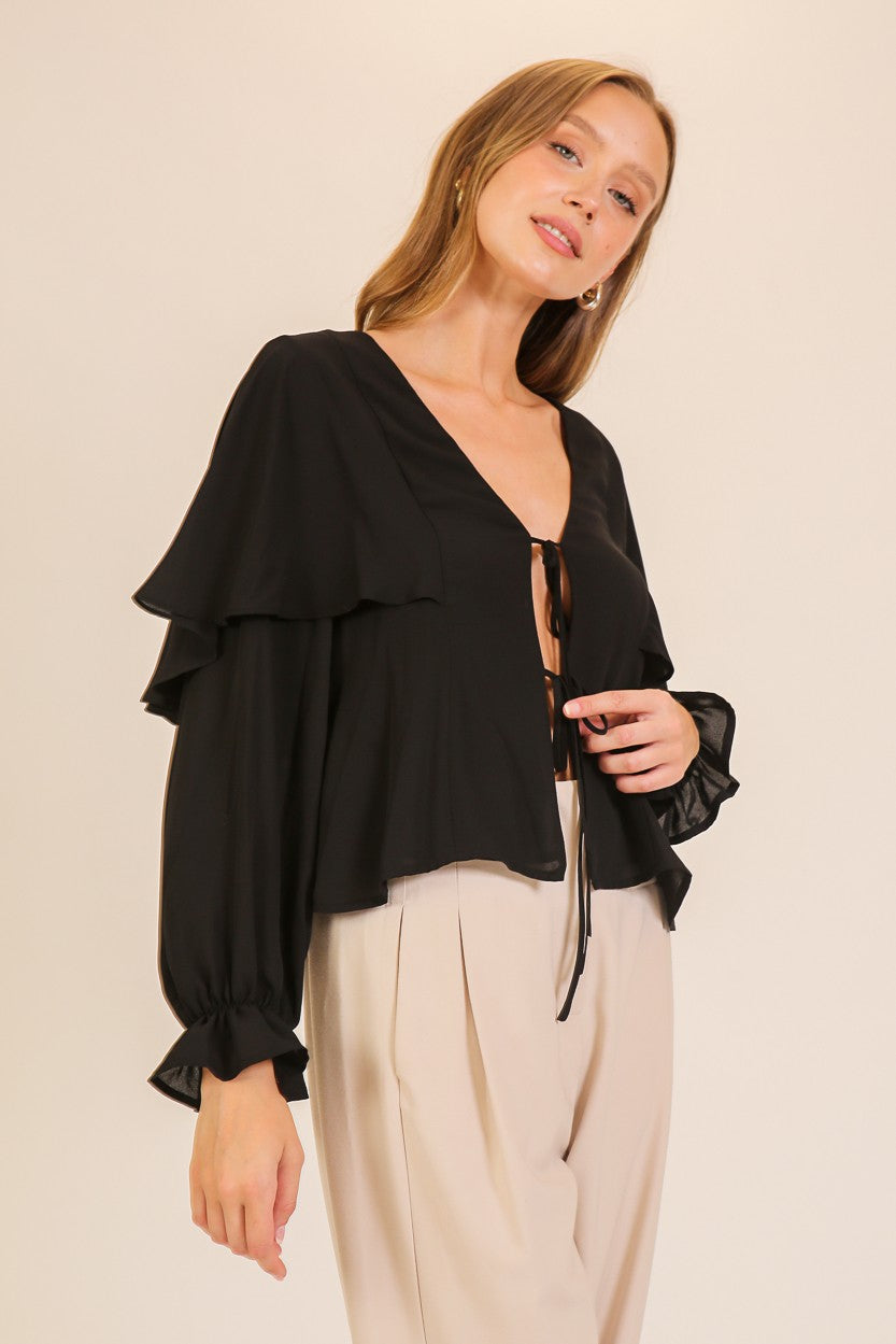 Flutter Capelet Tie-front Blouse