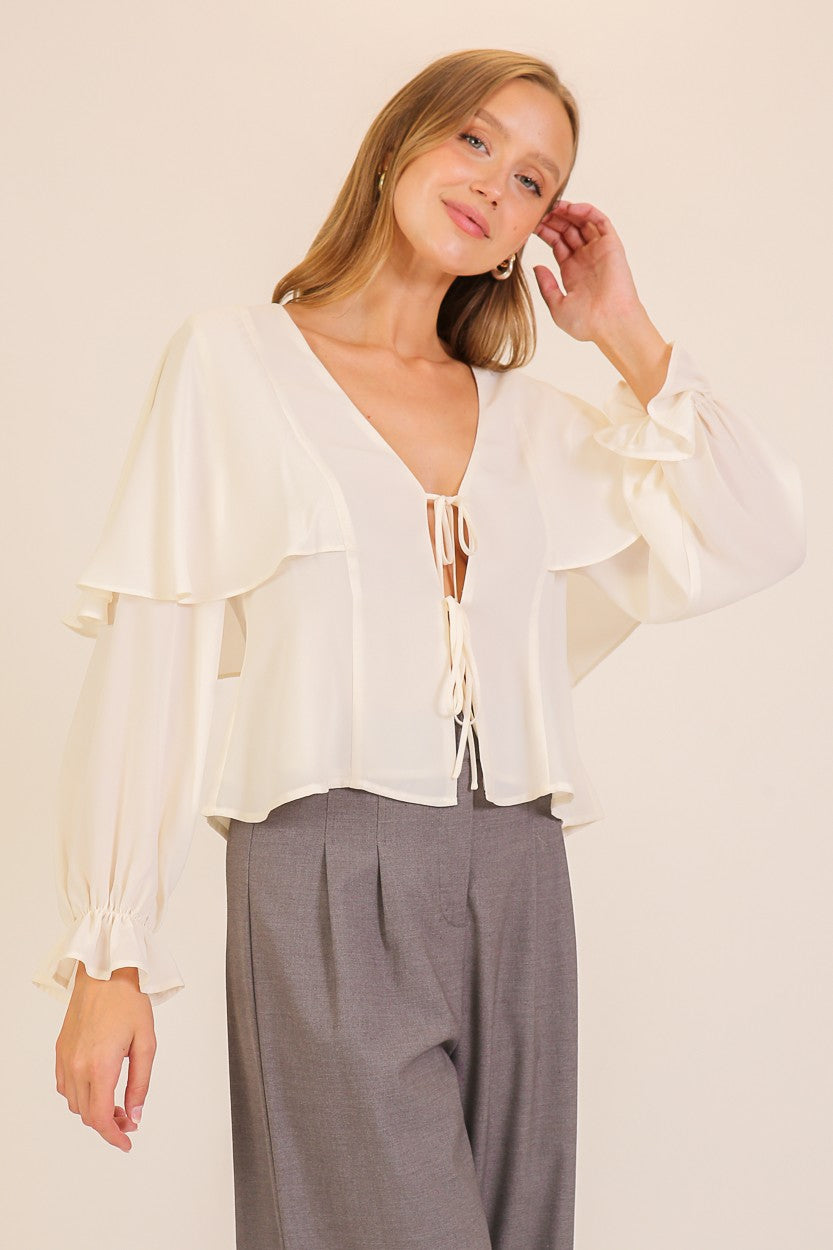 Flutter Capelet Tie-front Blouse