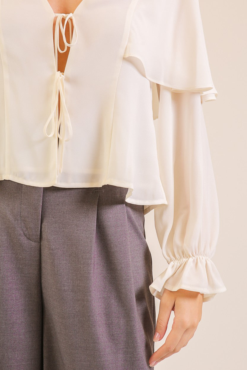 Flutter Capelet Tie-front Blouse