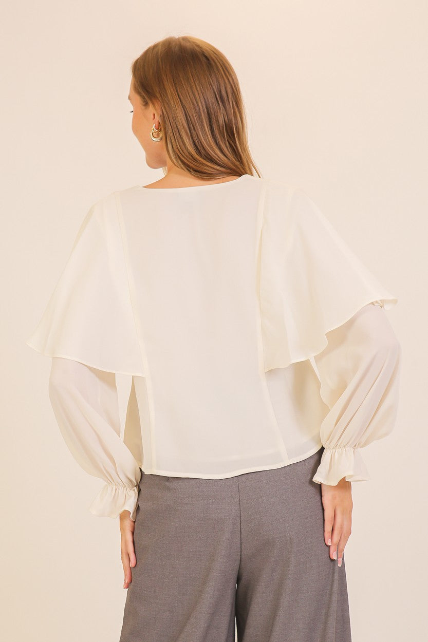 Flutter Capelet Tie-front Blouse