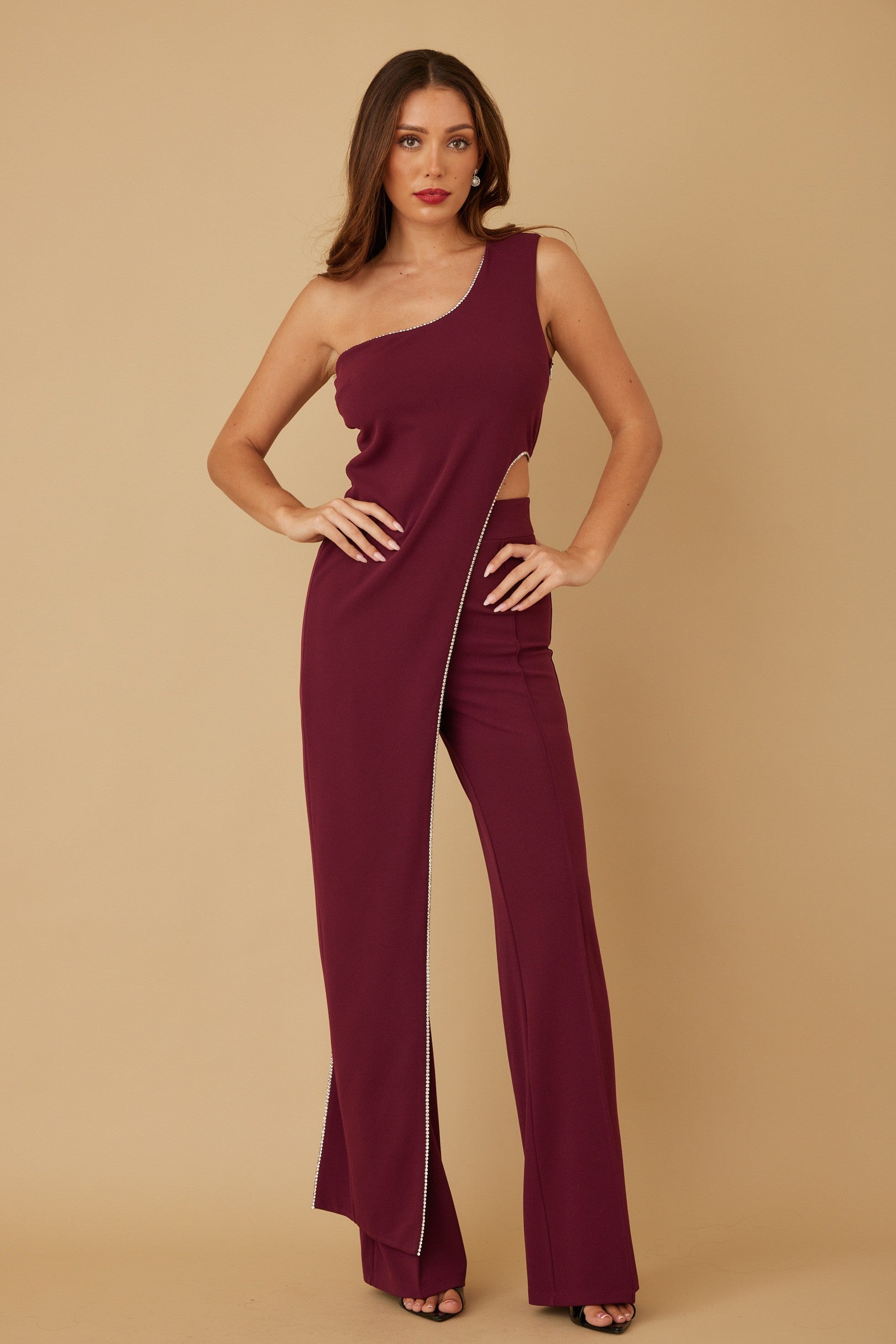 One Shoulder Strap Draped Layer W Rhinestone Sets