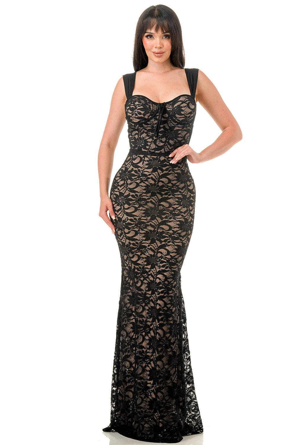 Sequin Floral Lace Wide Strap Mermaid Maxi Dress