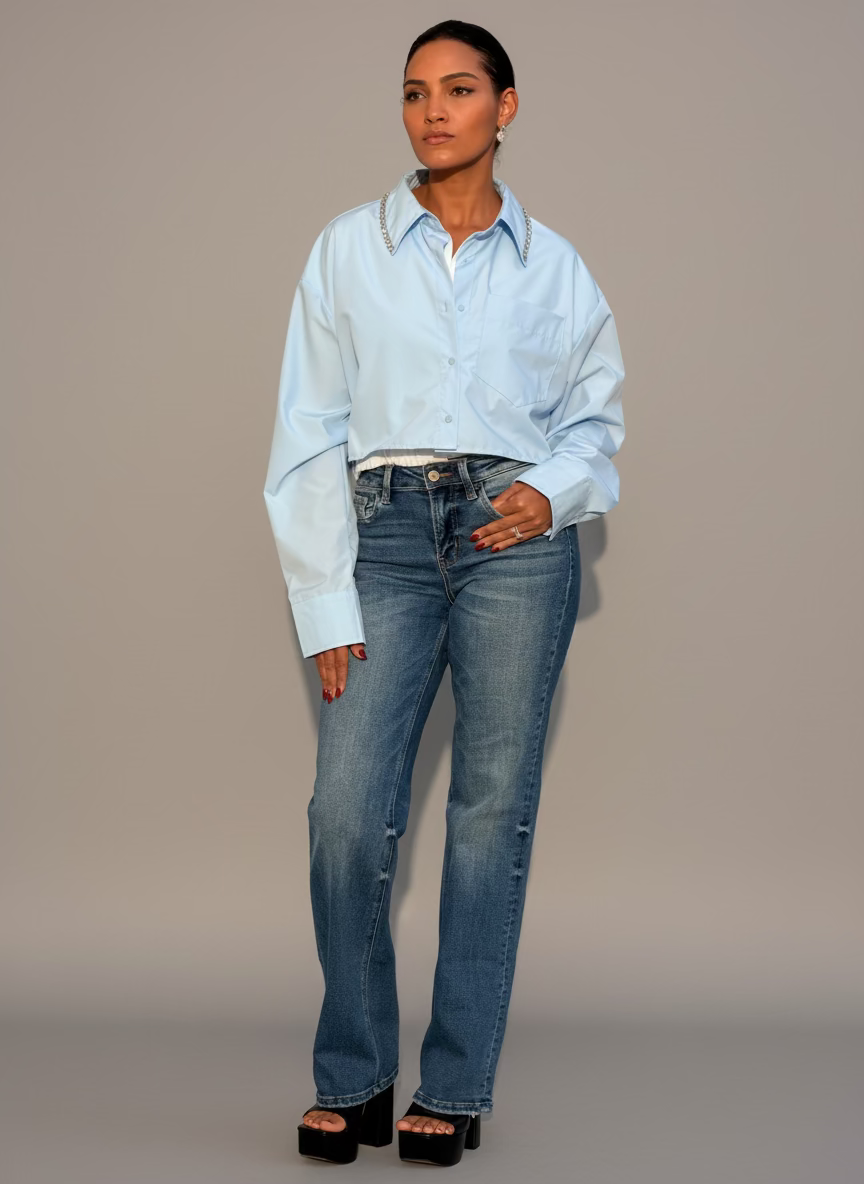 Chain SLV Elastic Hem 2 tone Shirt