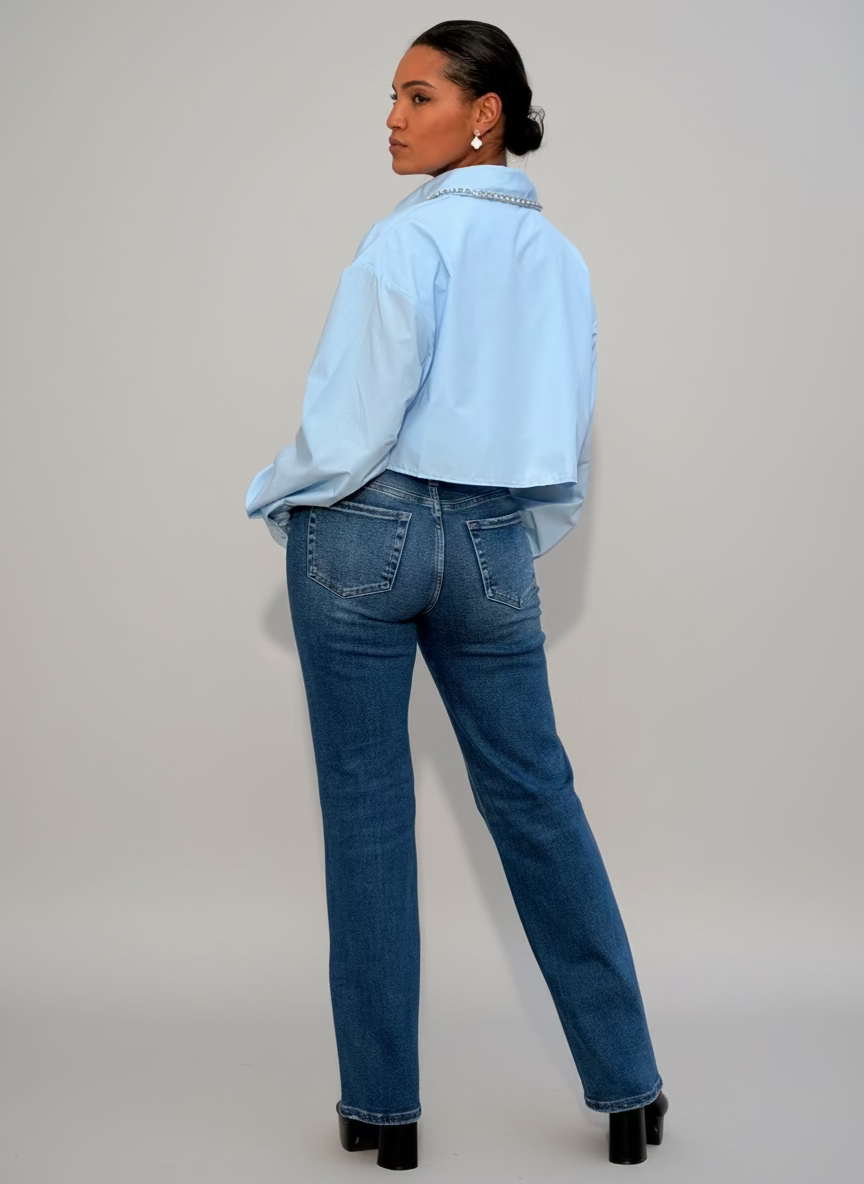 Chain SLV Elastic Hem 2 tone Shirt