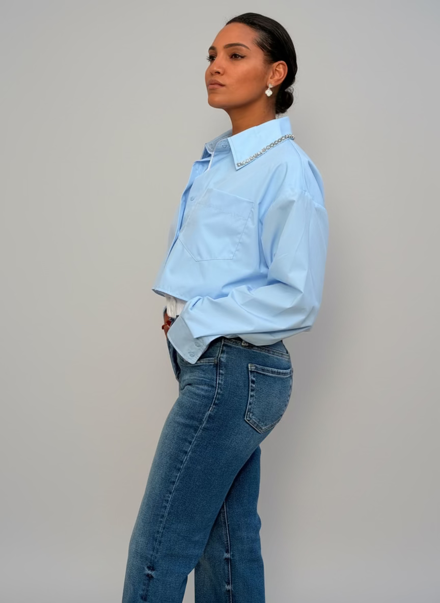 Chain SLV Elastic Hem 2 tone Shirt