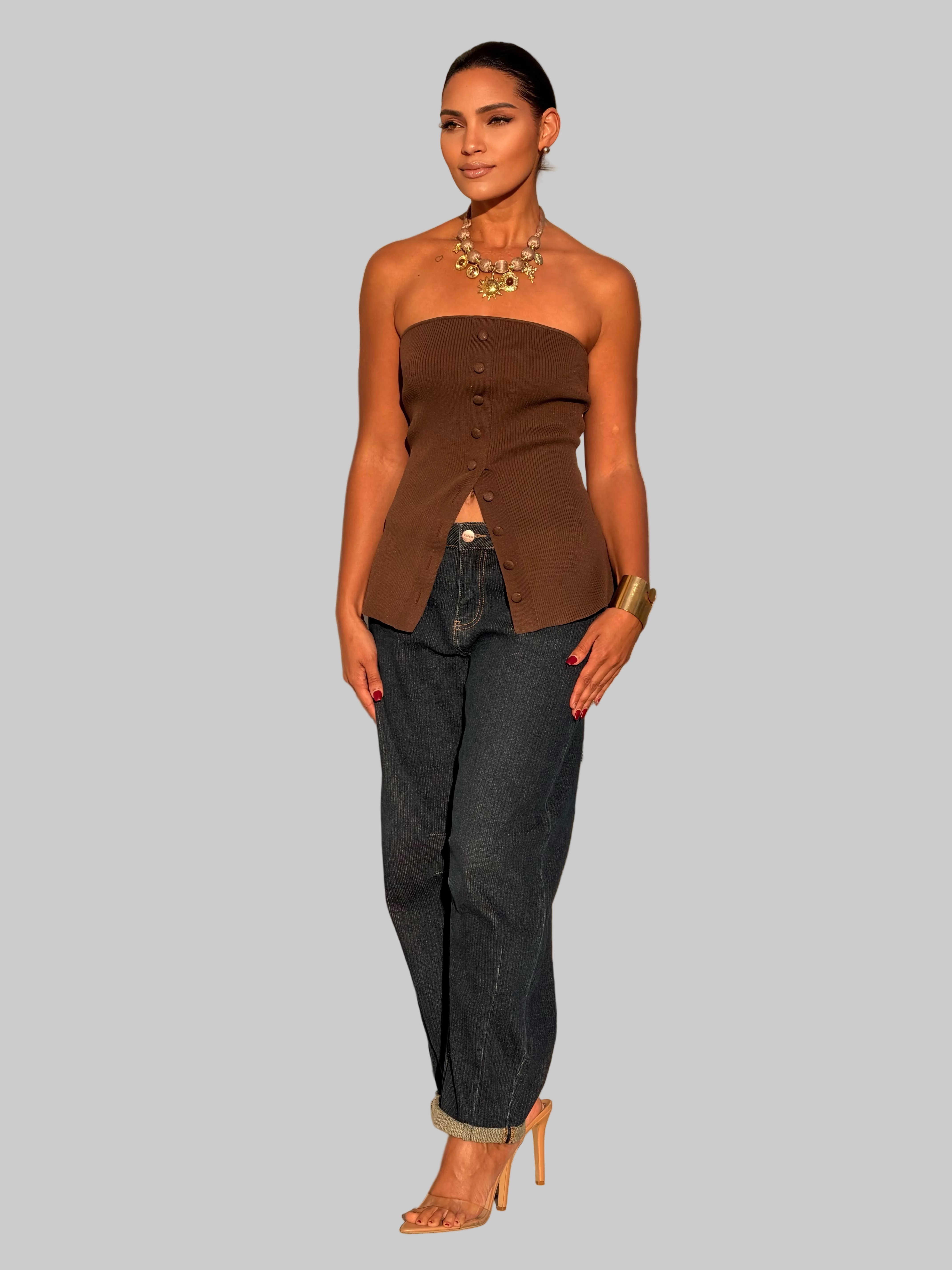 Ribbed Knit Strapless Button Down Tube Top