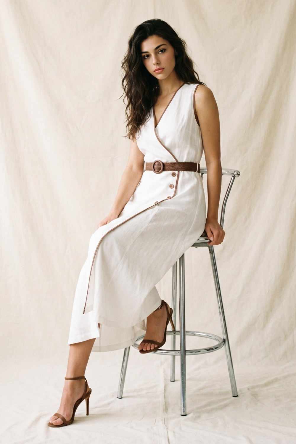 Linen-blend Contrast Trim Faux Wrap Midi Dress