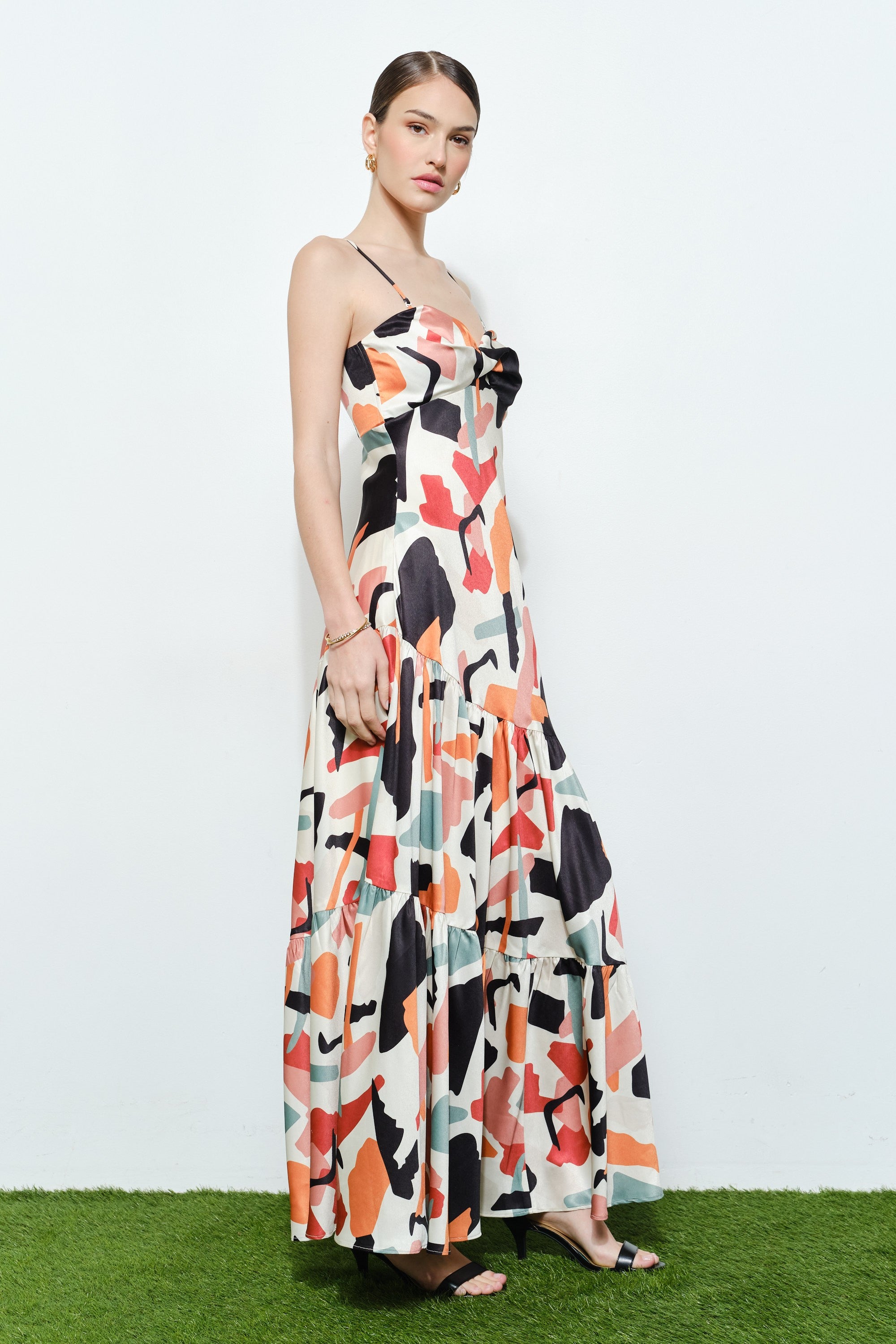 Luxe Abstract Satin Tiered Maxi Dress