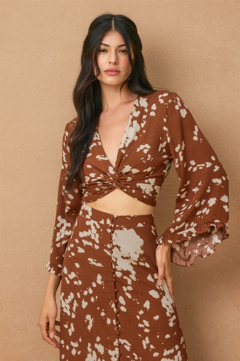 Shadow Spots Ruffled Kimono Sleeve Crop Top