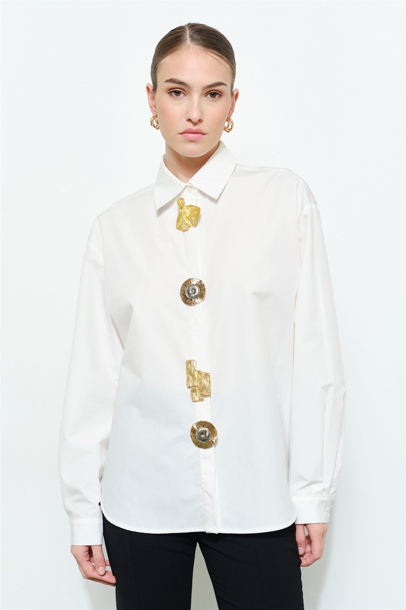 Luxe Collared Oversized Gold Metal Button Down Shirt