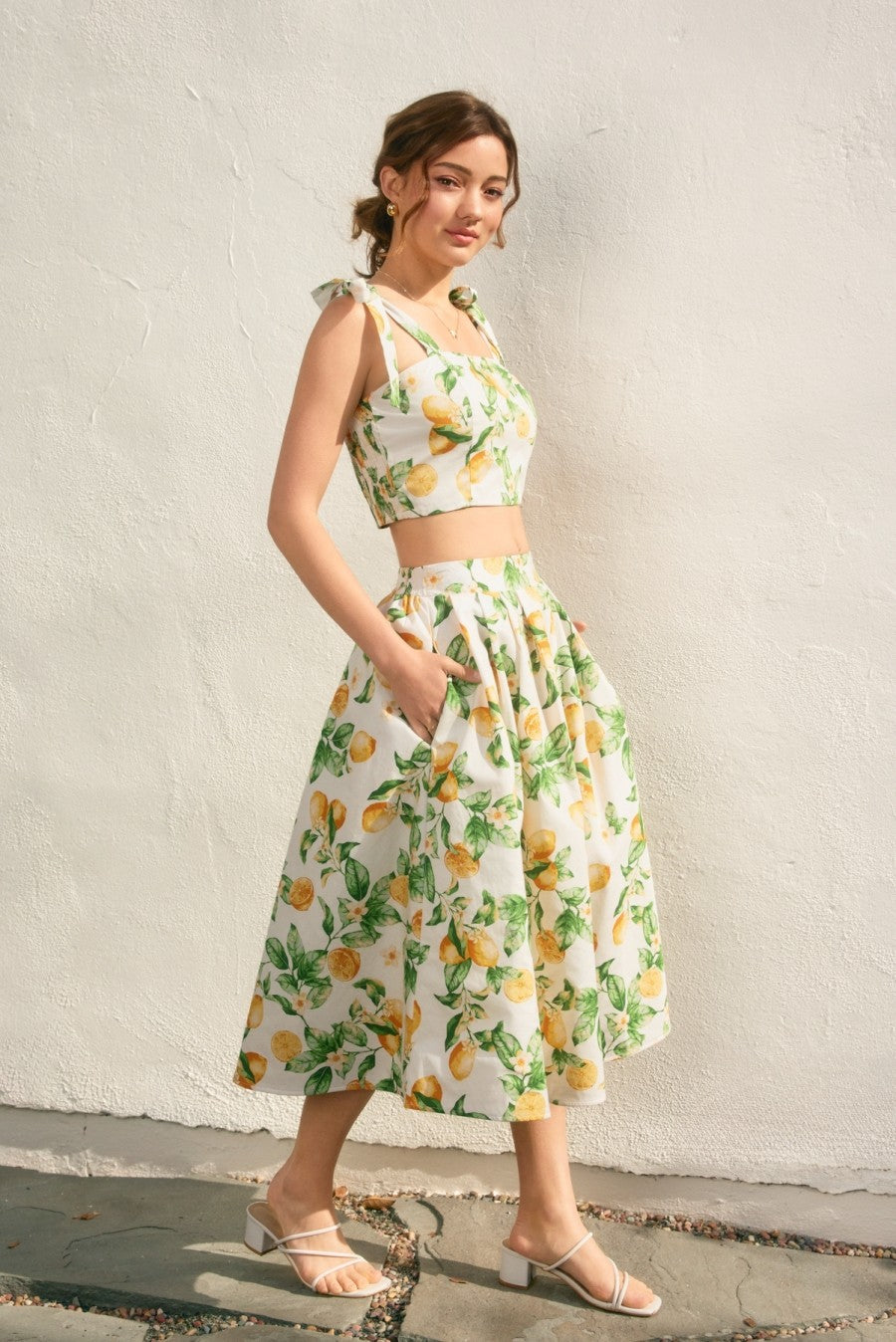 Lemon Structured Circular Midi Skirt And Tie Shoulder Crop