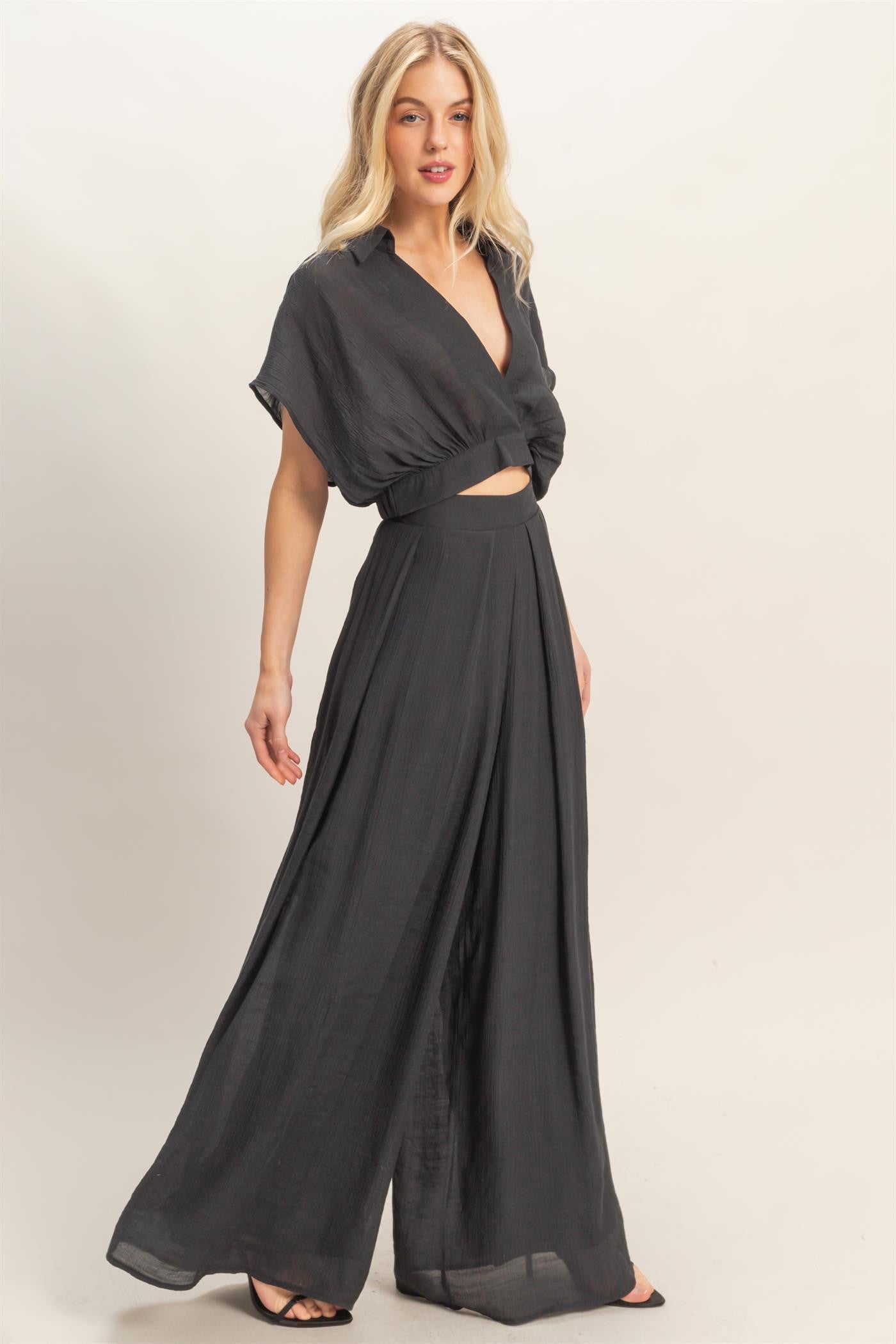 Collared Wrap Top & Wide-leg Pants Set