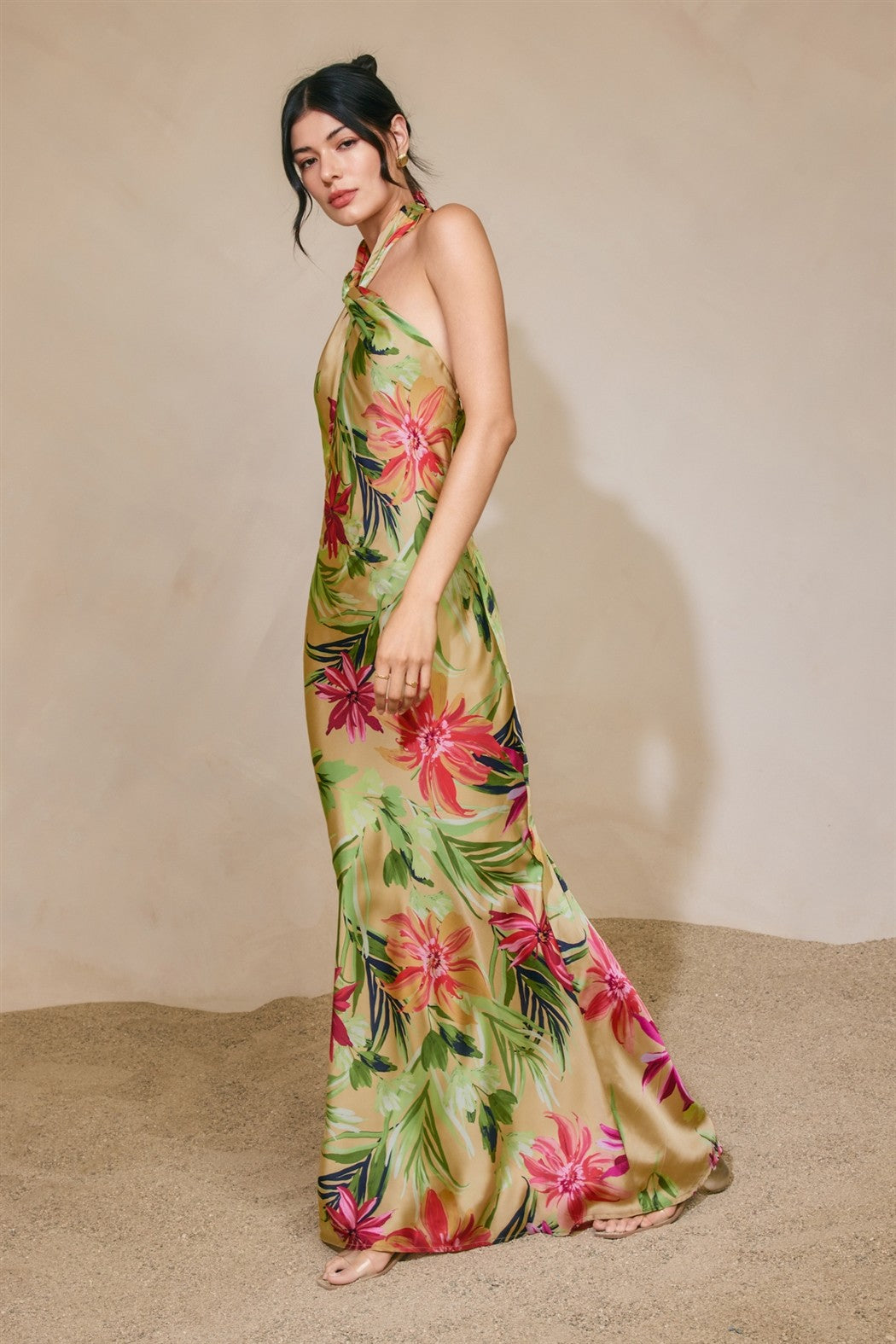 Rainforest Leaf Halter Neck Open Back Maxi Dress
