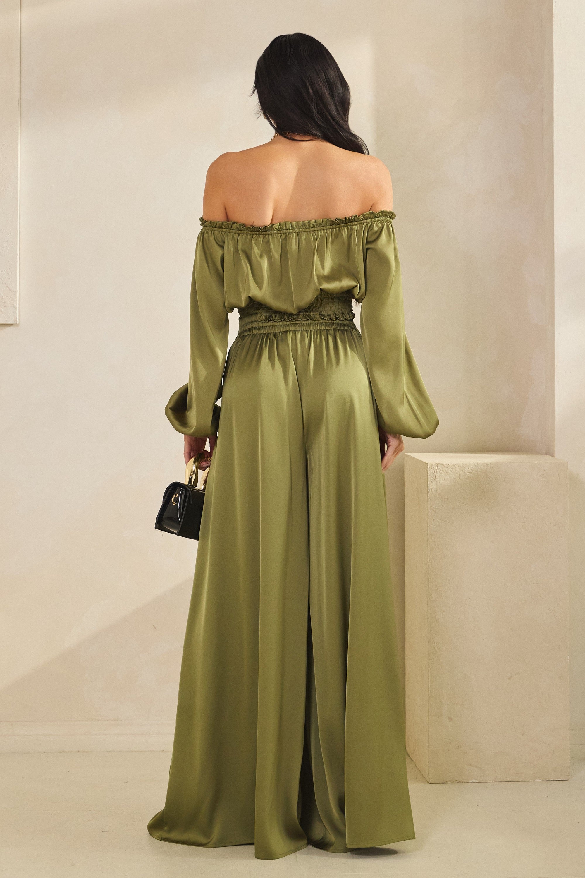 Solid Satin Off Shoulder Lsv Top W/palazzo Pants