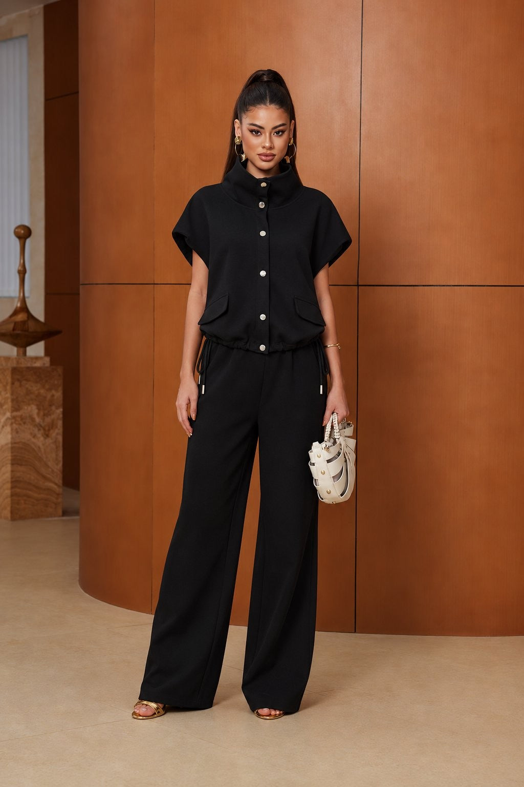 Button-front Collared Wide-leg Pant Set