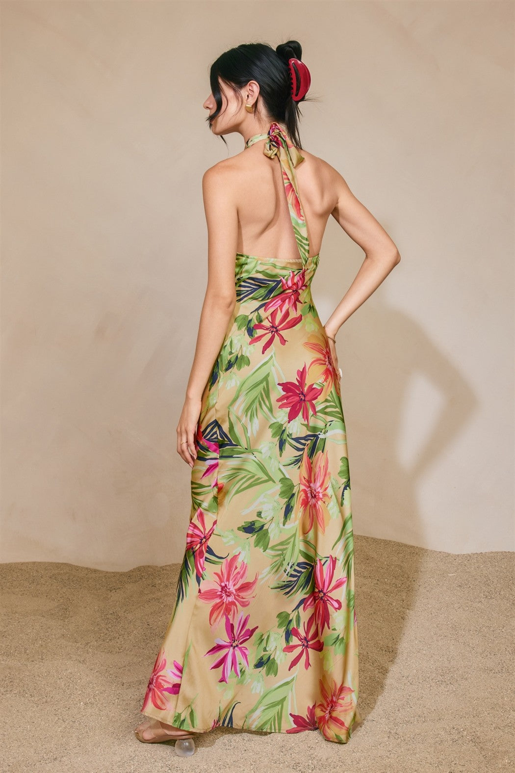 Rainforest Leaf Halter Neck Open Back Maxi Dress