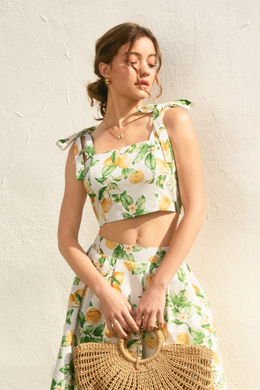 Lemon Structured Circular Midi Skirt And Tie Shoulder Crop