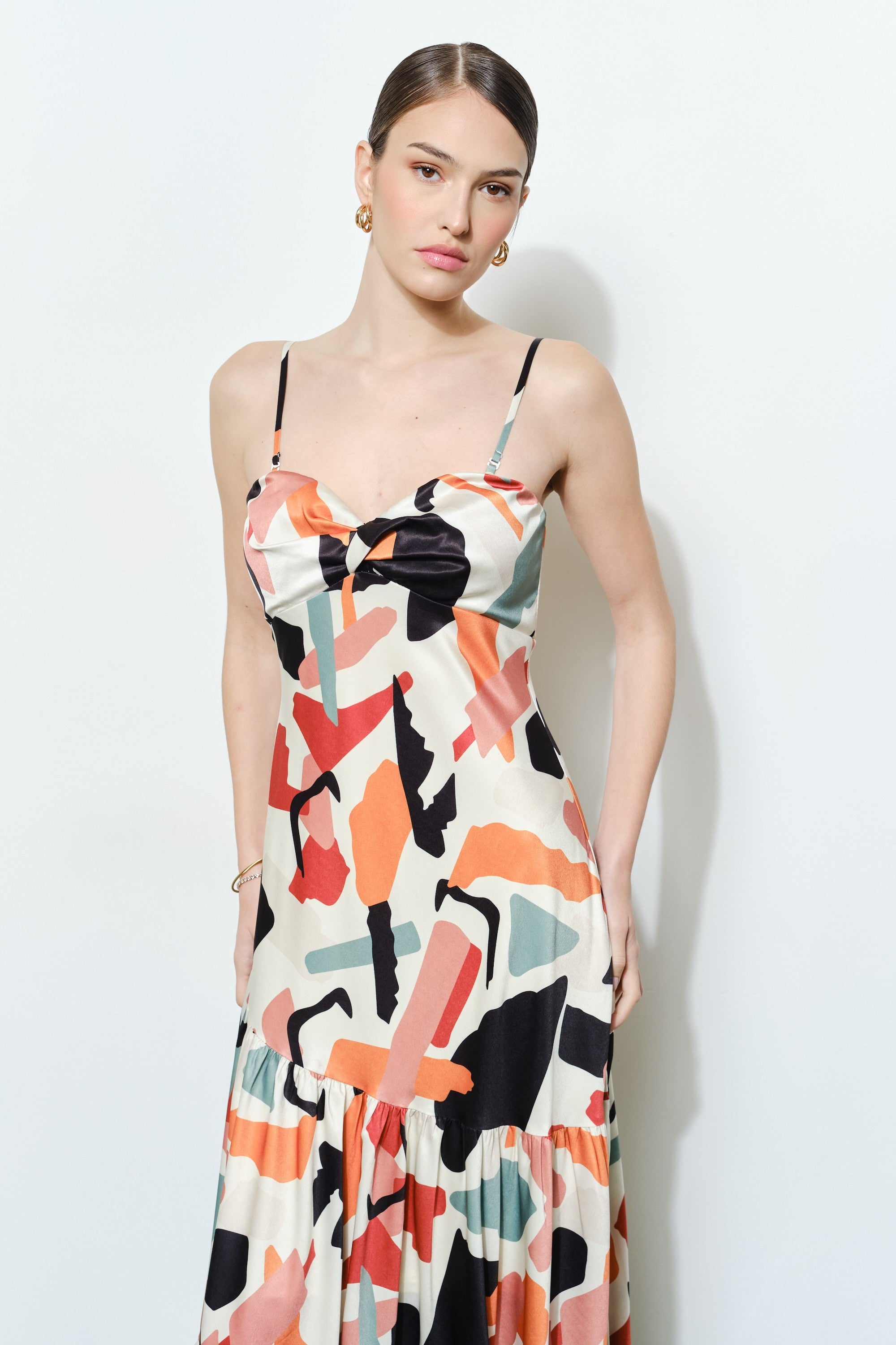 Luxe Abstract Satin Tiered Maxi Dress