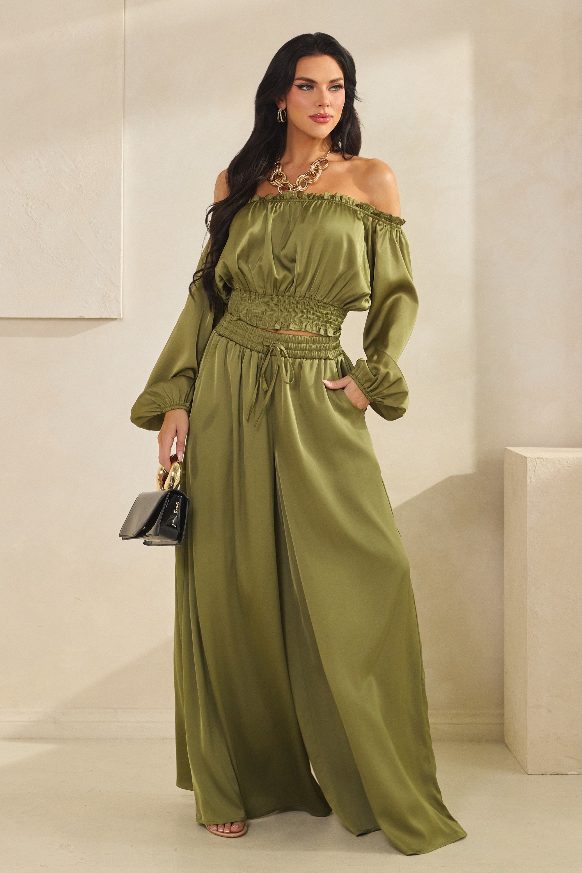 Solid Satin Off Shoulder Lsv Top W/palazzo Pants