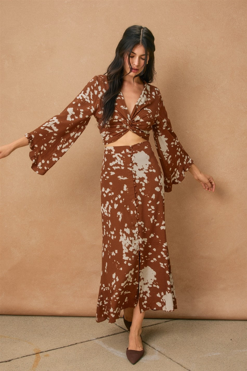 Shadow Spots Ruffled Kimono Sleeve Crop Top