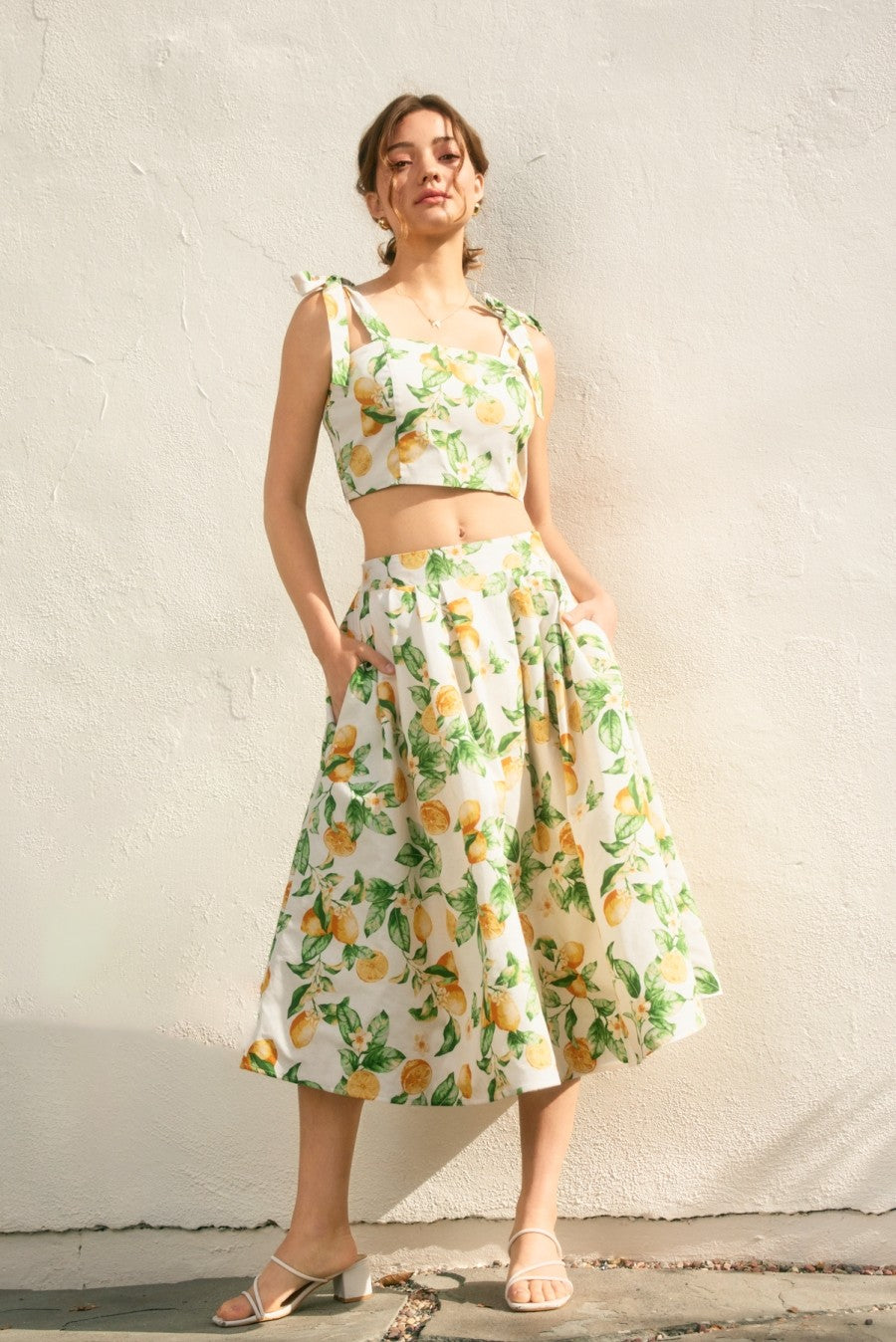 Lemon Structured Circular Midi Skirt And Tie Shoulder Crop