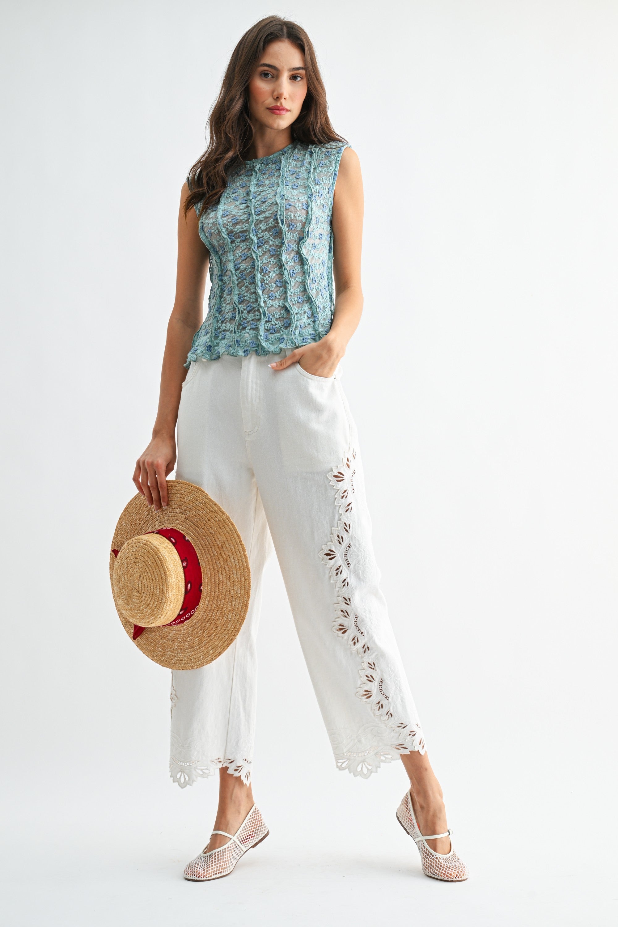 Cropped Pants Intricate Eyelet Embroidery
