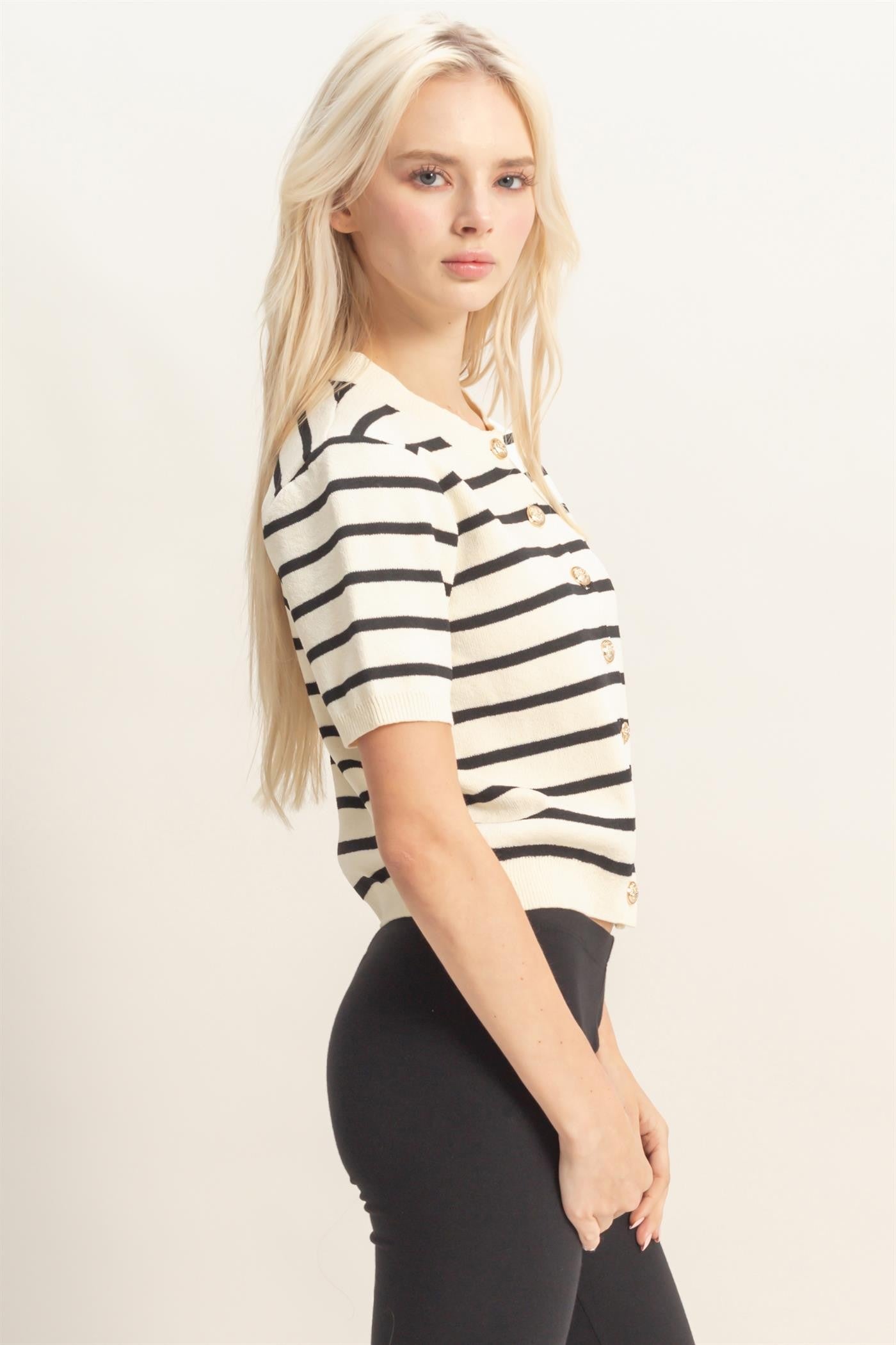 Striped Short Sleeve Button Up Cardigan