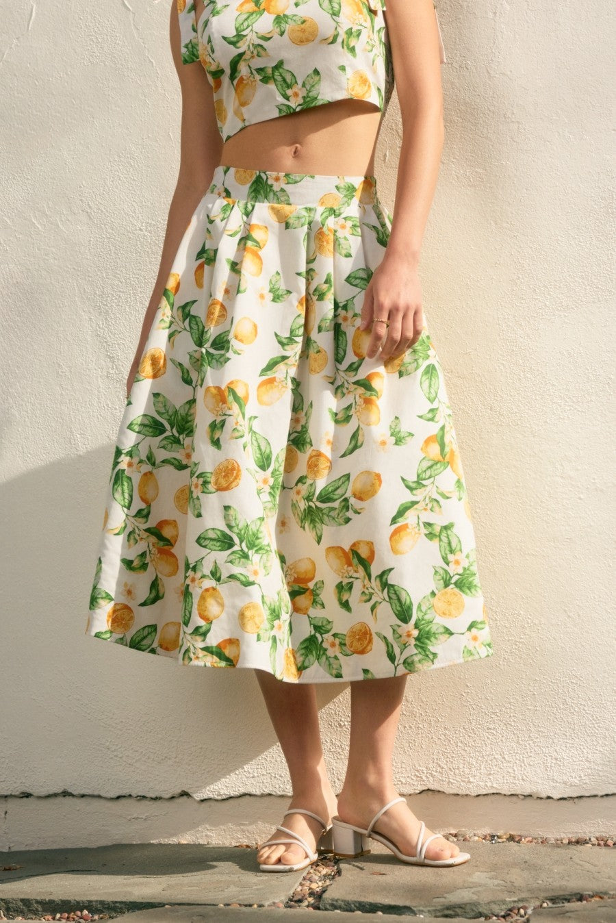 Lemon Structured Circular Midi Skirt And Tie Shoulder Crop